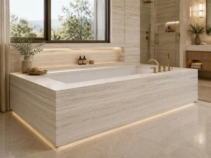 Custom White Wooden Marble bathtub deck with mitered edges and continuous horizontal veining in a luxury bathroom