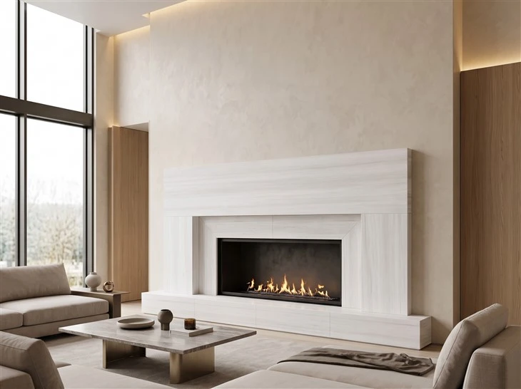 Bianco Dolomite marble fireplace surround with mitered edges in a contemporary custom home living room