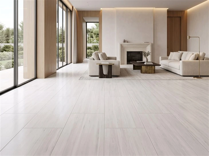 Large-format Bianco Dolomite marble floor tiles with visible joints in a contemporary living room
